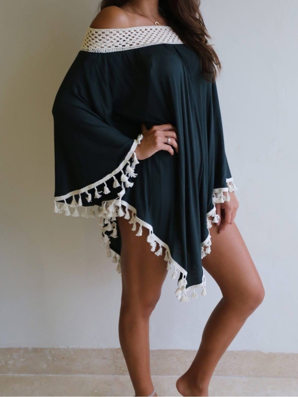 Off-Shoulder Tassel Swim Cover-Up poncho kaftan black cream crochet trim NEW OS